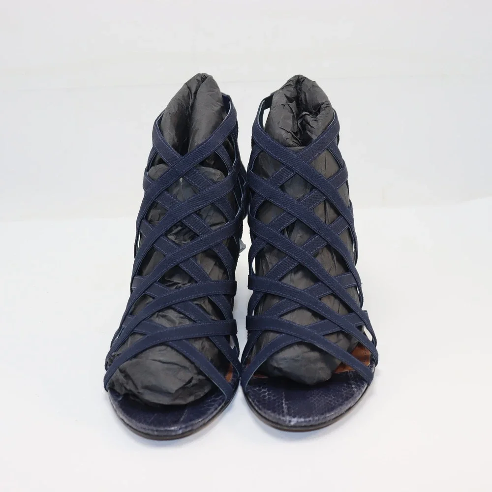 Donald‎ J Pliner Wedge Sandals 10M Blue Womens Strappy Snakeskin Denim Heels